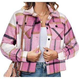 Women's‎ Pink Plaid Shacket Women's 2XL Pink White Brown Cropped Flannel NWT